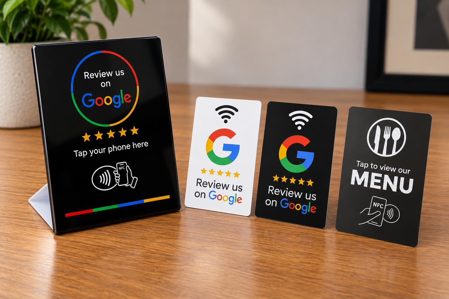 Kit físico tap5 con display y tarjetas NFC para reseñas y menú
